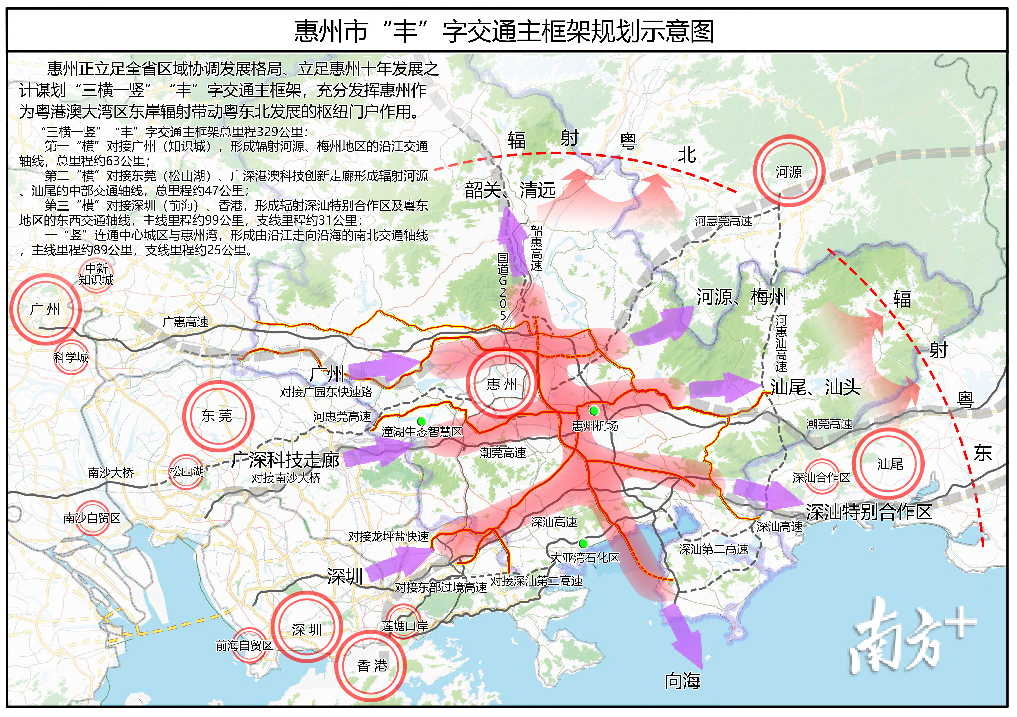 惠州市丰字交通主框架规划示意图。