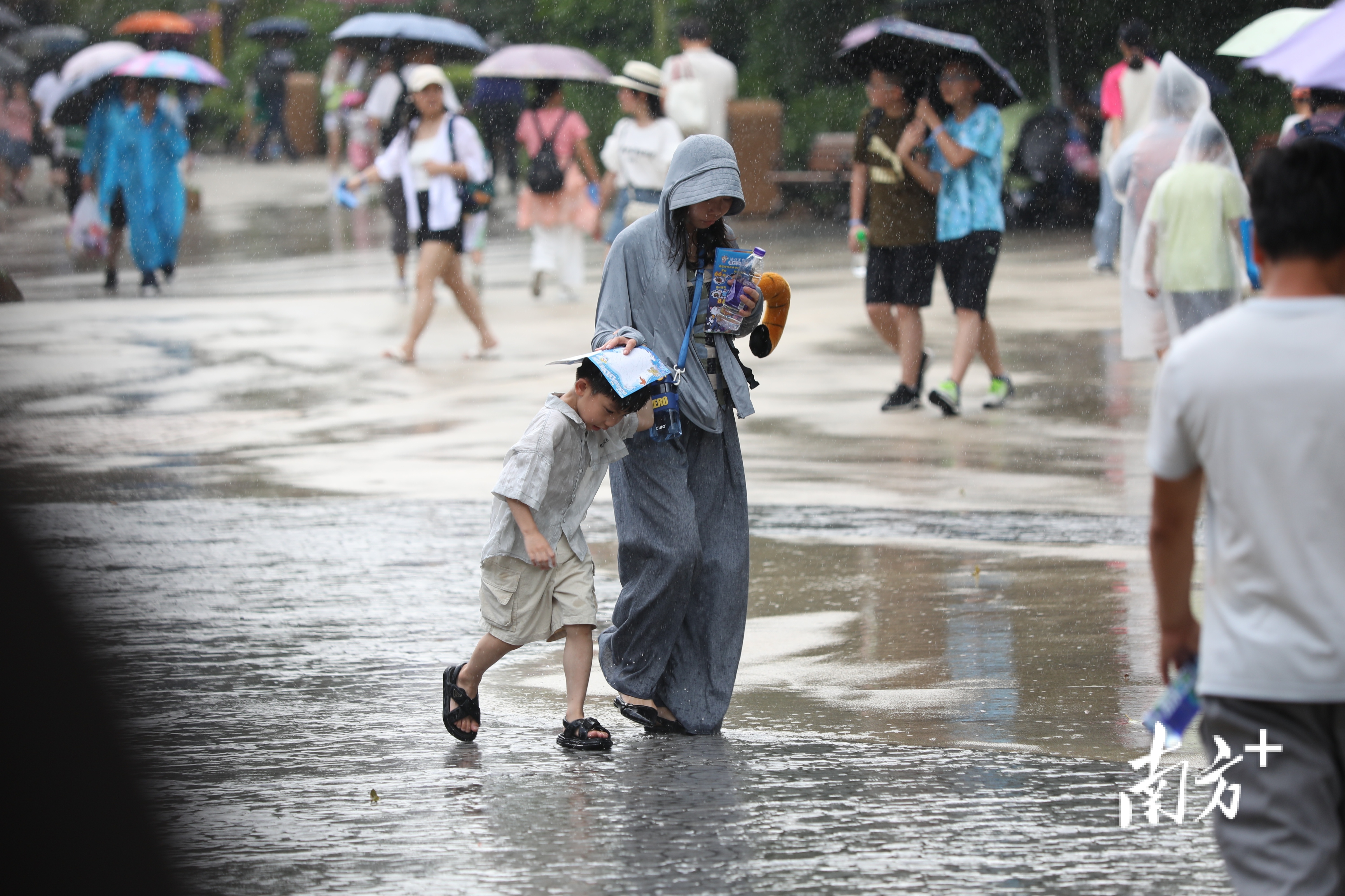 小朋友在妈妈的陪同下快步寻找避雨场所。