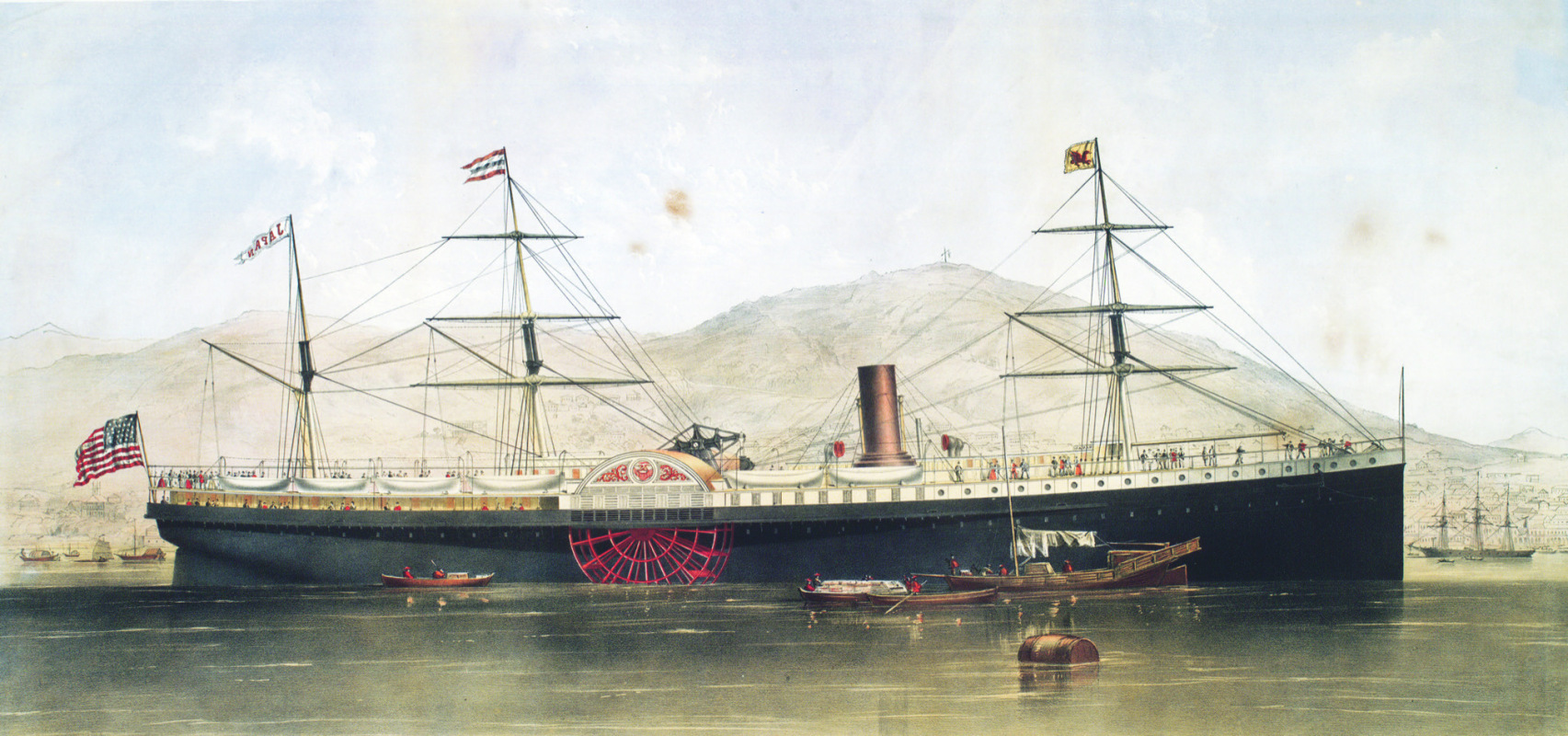 1868年，完成美日中直达处女航的“日本号”停靠在香港码头。图片现藏于加州大学伯克利分校班克罗夫特图书馆。受访者供图。
