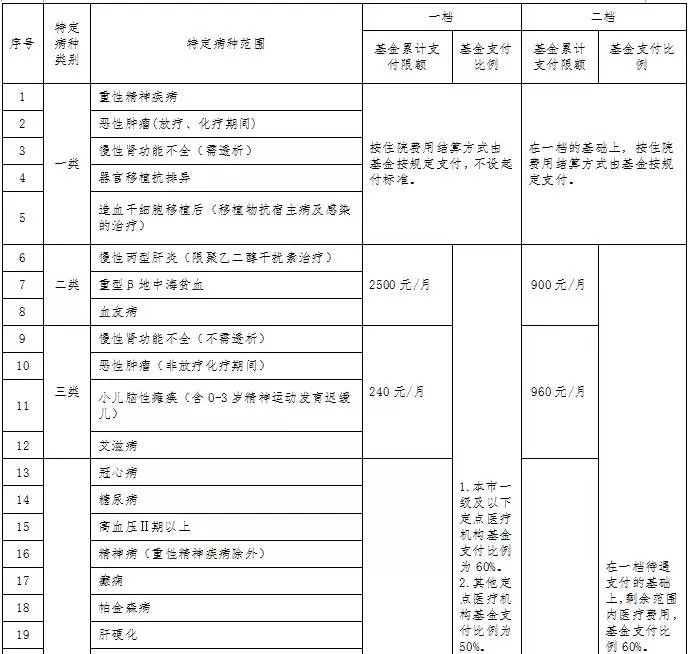 江门市基本医疗保险特定病种门诊补助范围和待遇标准表