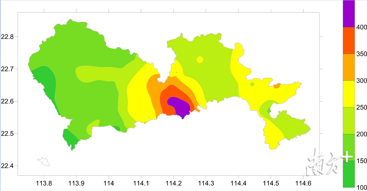 2017年7月17-19日深圳累计雨量分布(毫米) 2017年7月17-19日深圳累计雨量分布(毫米)