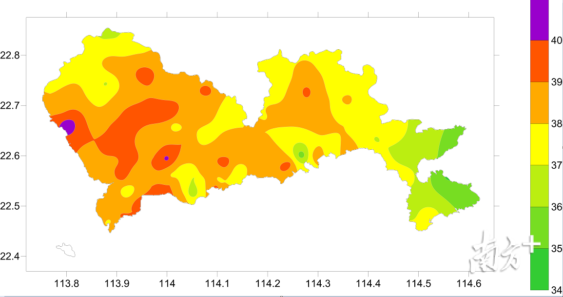 深圳市2017年8月22日最高气温分布(℃) 深圳市2017年8月22日最高气温分布(℃)