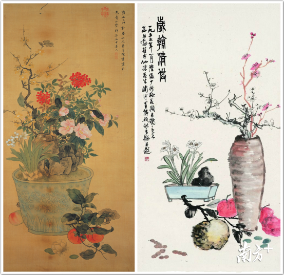 左：清 陈书 岁朝丽景 右：陆俨少 岁朝清供｜雅昌艺术网