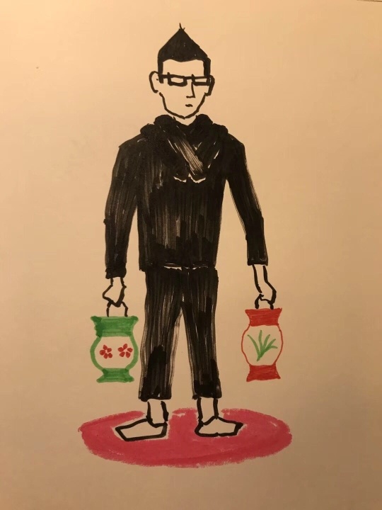 清华大学建筑学院王南老师画的提着尿壶的何志森。