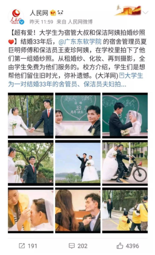 人民网官方微博对“最暖婚纱照”进行转载。
