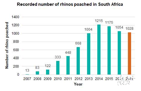 最近十年，南非犀牛被捕杀的数据统计（来源于SRI）