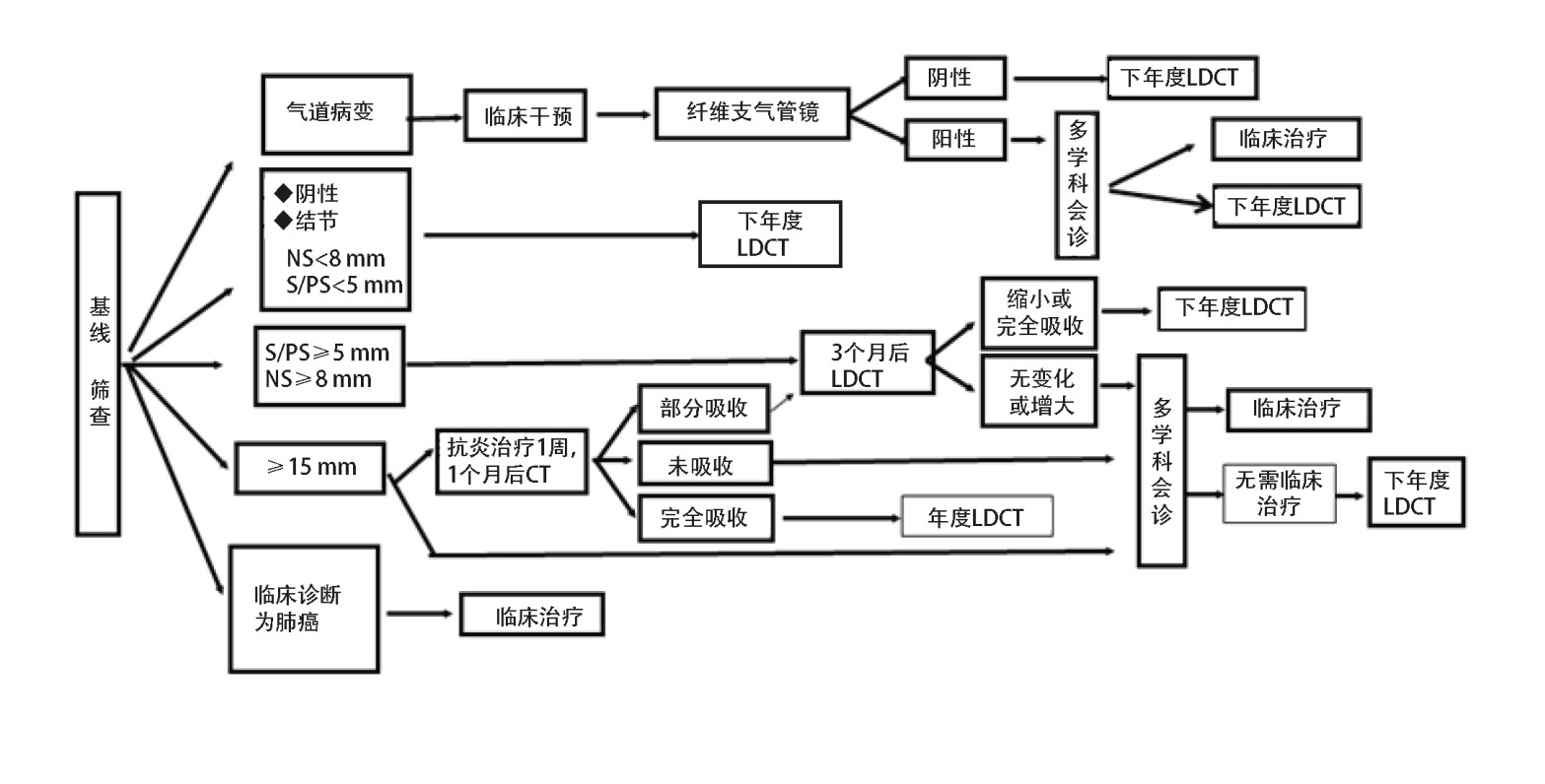 中国肺癌低剂量螺旋CT筛查指南——基线筛查流程及结节管理 (NS:非实性结节；S：实性结节；PS：部分实性结节)