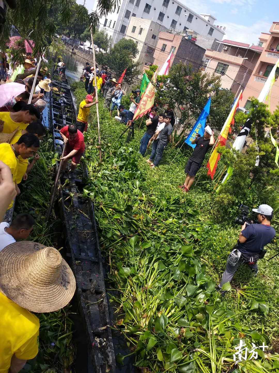 清理完毕后，盐步老龙全貌浮出水面，接下来它将被驾驶出藏龙地，进入河涌准备进行洗龙仪式。今天的起龙仪式到此结束。