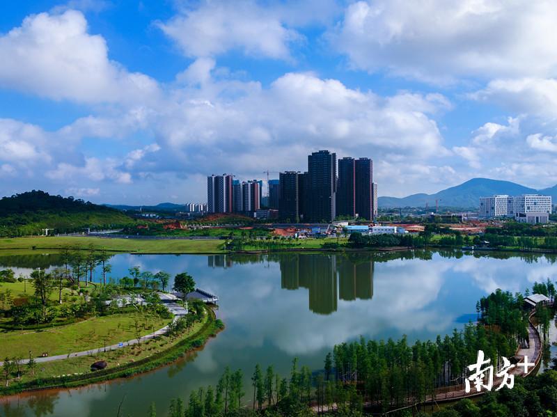 中新广州知识城是粤新战略合作标志性项目，也是21世纪海上丝绸之路科技创新枢纽节点。图为中新广州知识城凤凰湖 。曾铠钢摄