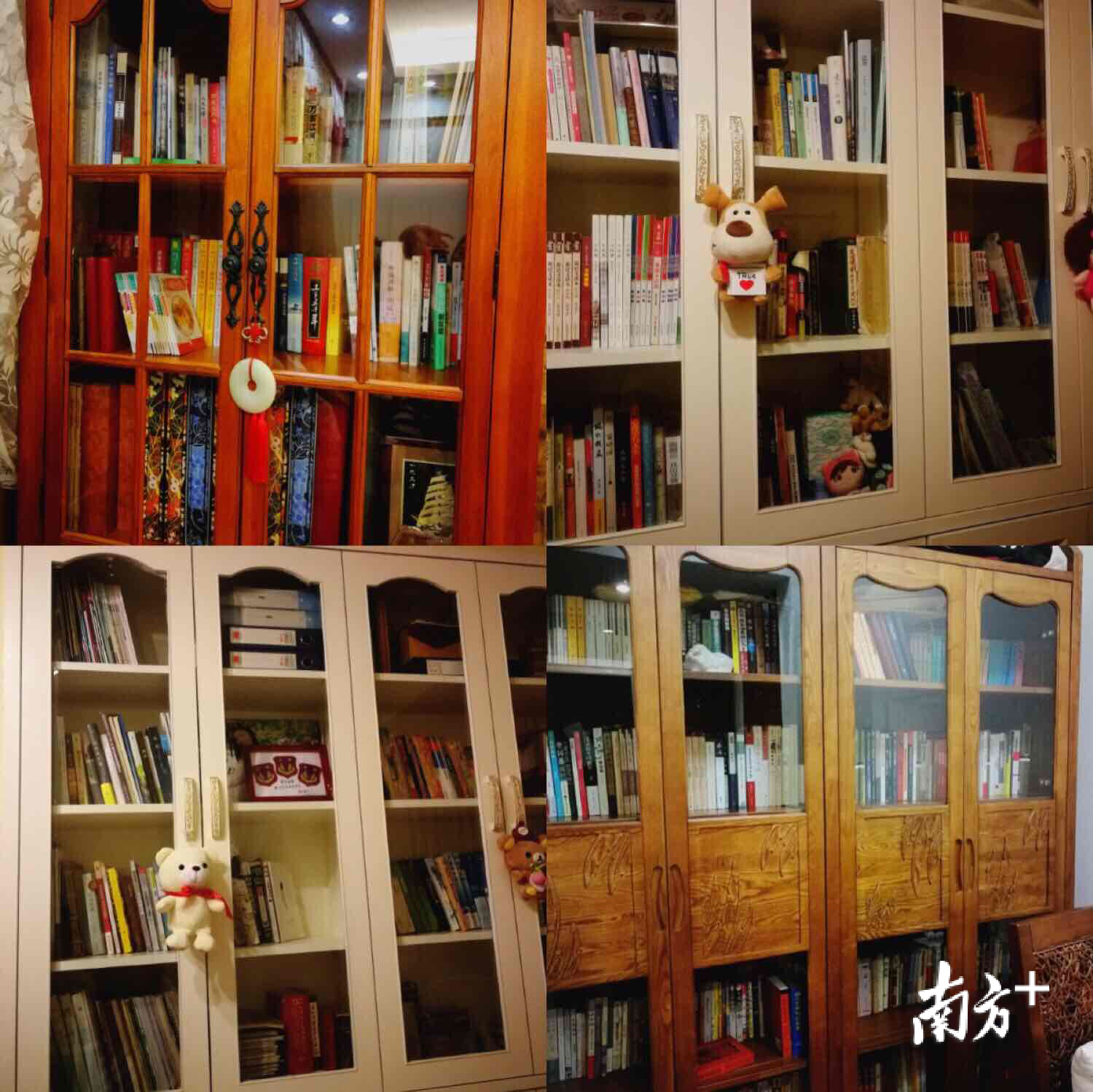 李思羽家的各个书柜。