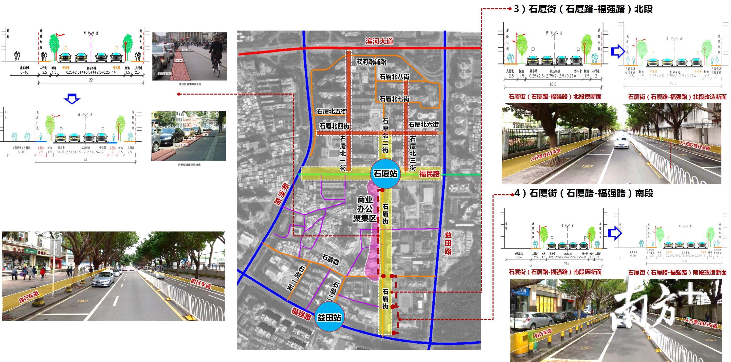 石厦街两侧增设自行车道。 石厦街两侧增设自行车道。