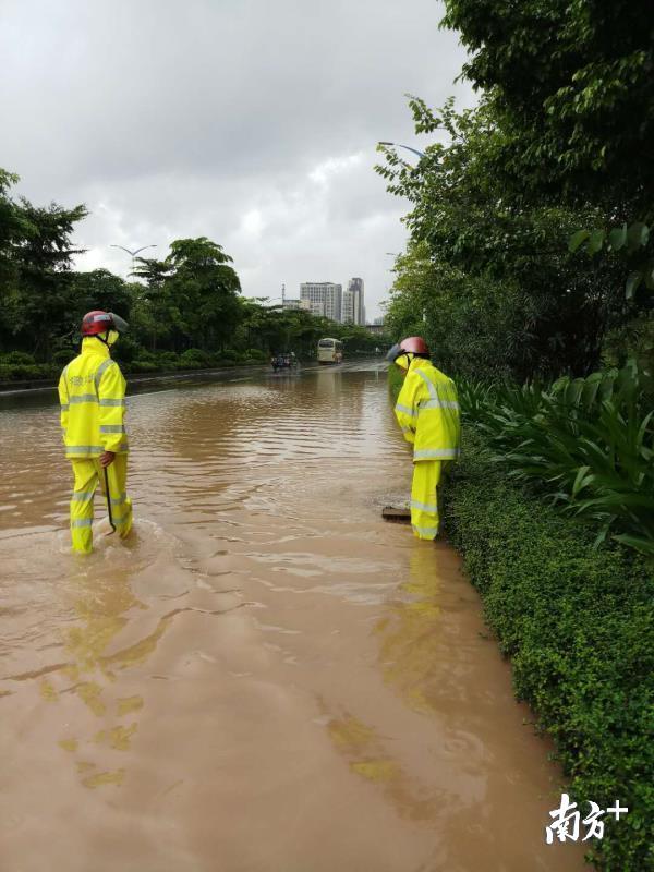 大亚湾公用事业局组织人员及时打开雨水篦，加快路面排水。