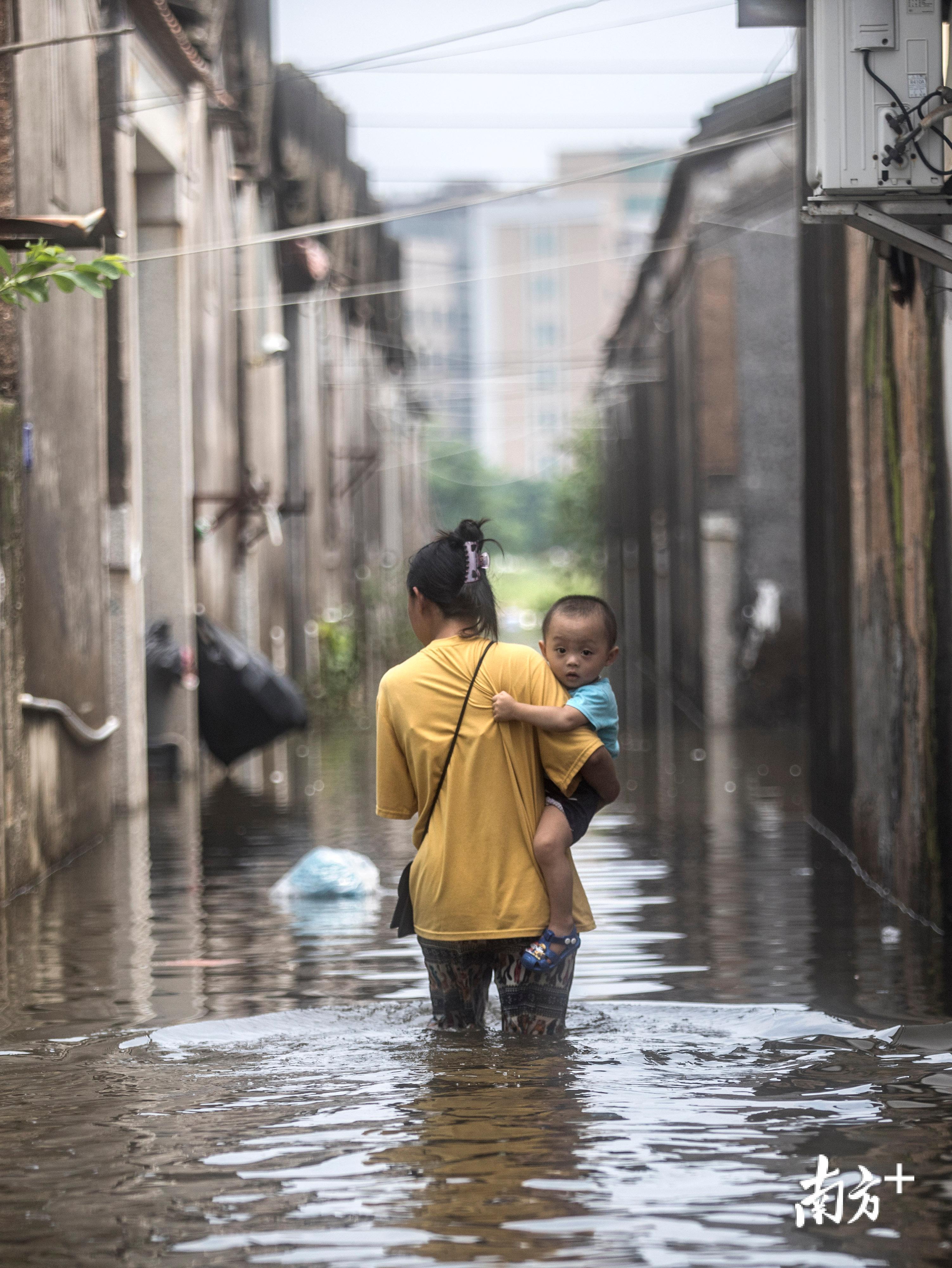 △9月2日，陈店镇北沟村，水位开始退去，一名大人带着孩子蹚水回家。