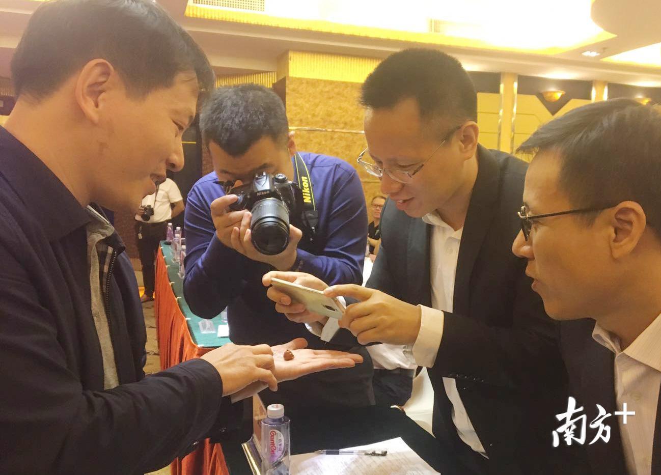 20日上午，潮州手拉壶非遗传承人章海元向与会人员展示微型手拉壶，引来啧啧称奇。
