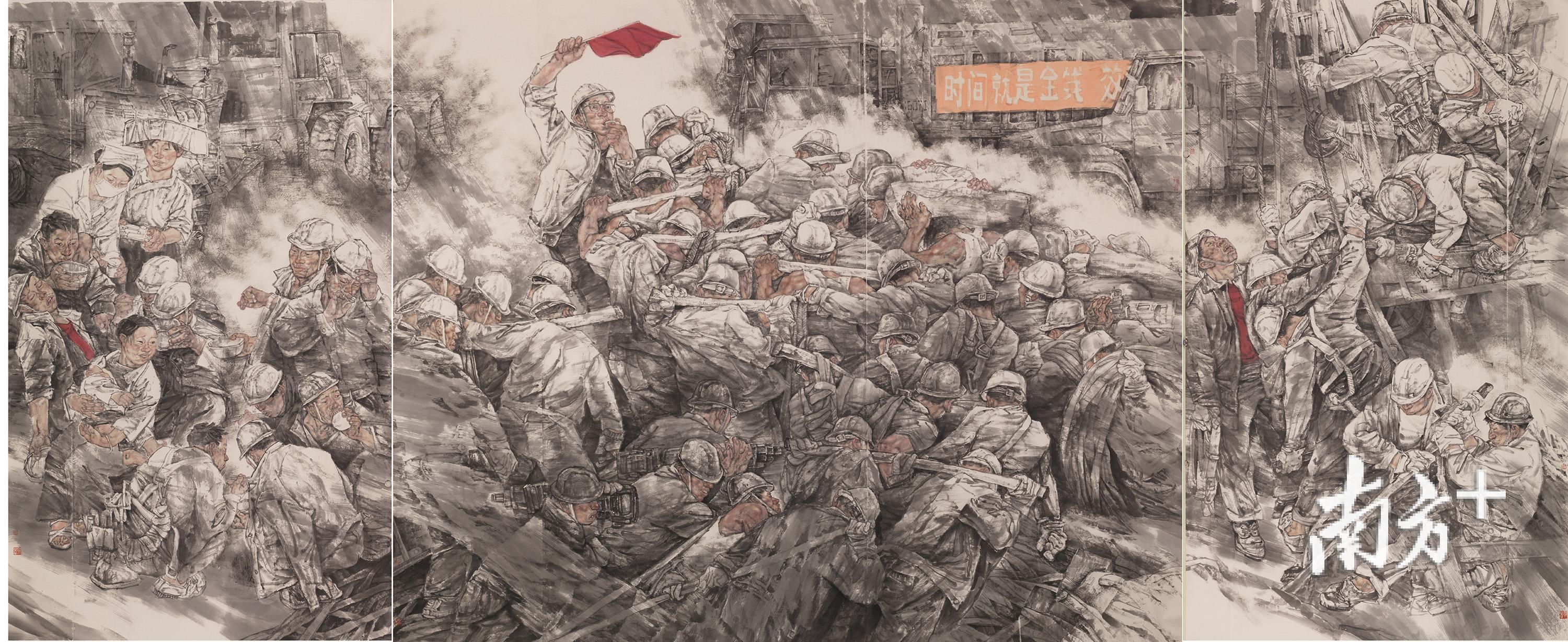 展览展出的《时间就是金钱》中国画,反映了改革开放之初深圳如火如荼的建设场景。 本栏摄影:南方日报记者 朱洪波 展览展出的《时间就是金钱》中国画,反映了改革开放之初深圳如火如荼的建设场景。 本栏摄影:南方日报记者 朱洪波