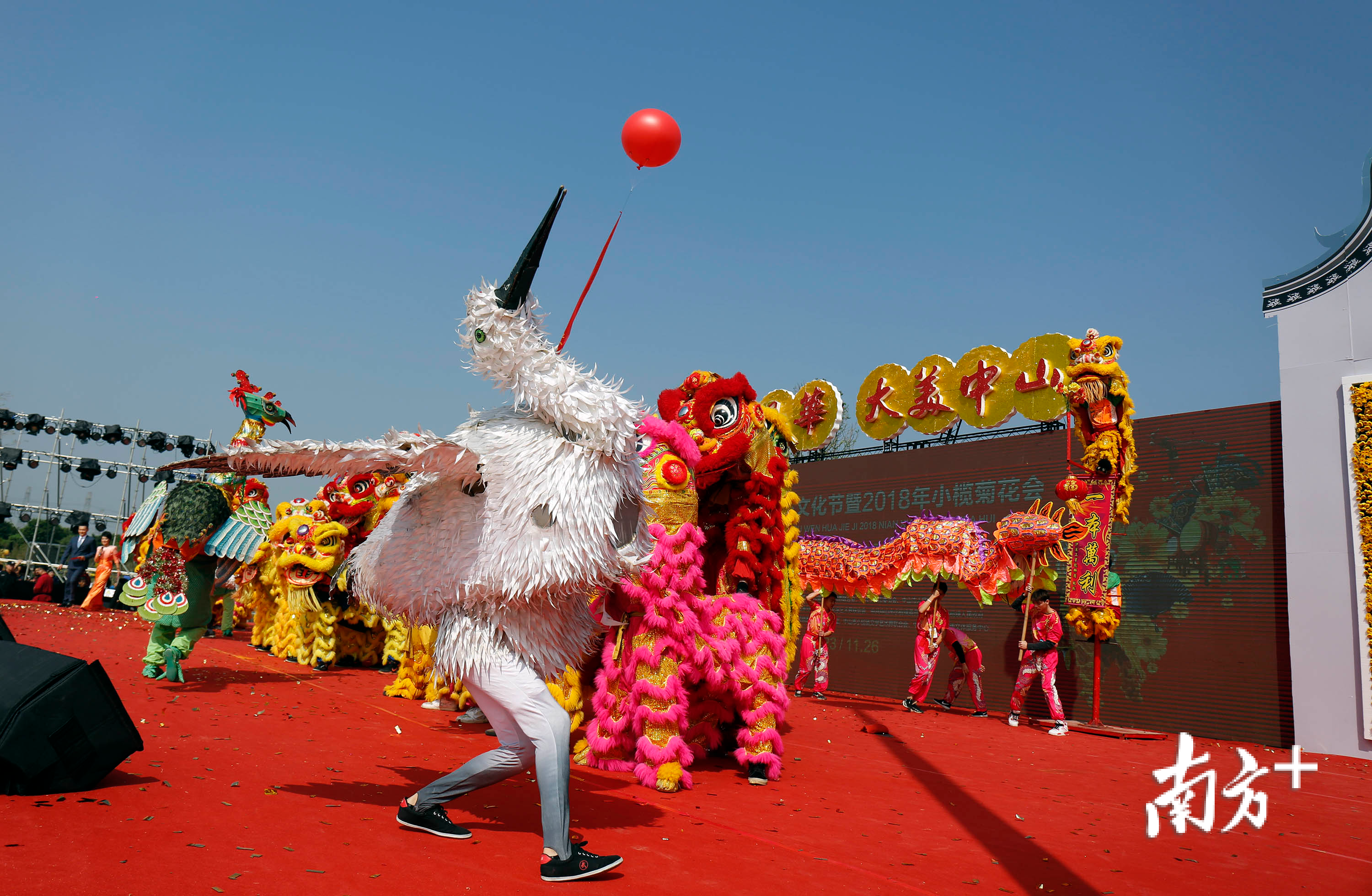节目尾声,中山市石岐龙狮队,沙溪鹤舞队上台表演