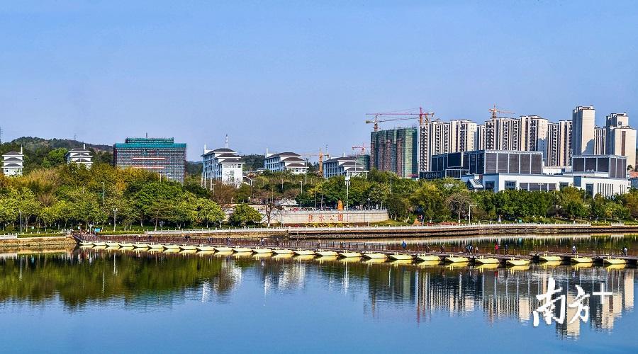 在河对岸遥望亲水公园，起伏的地形和对边的水体，形成了公园丰富的平面空间。（南方日报记者 何森垚 摄）