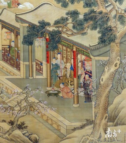 清人绘《万国来朝图》和《岁朝行乐图》中，对联的颜色分别为白色和红色。