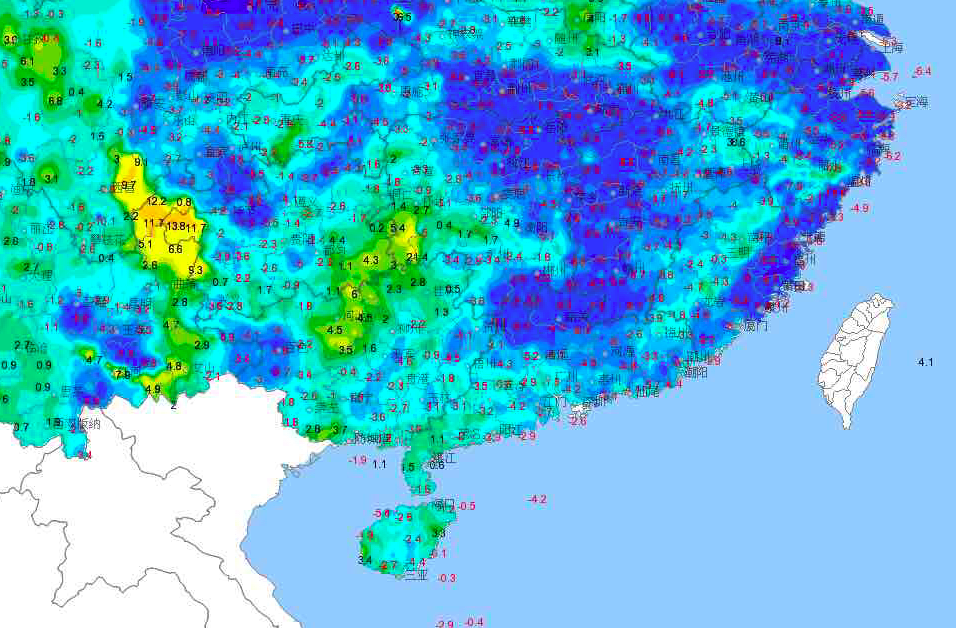 26日15时24小时变温（蓝色区域表示较昨天气温下降，数字是具体降幅）