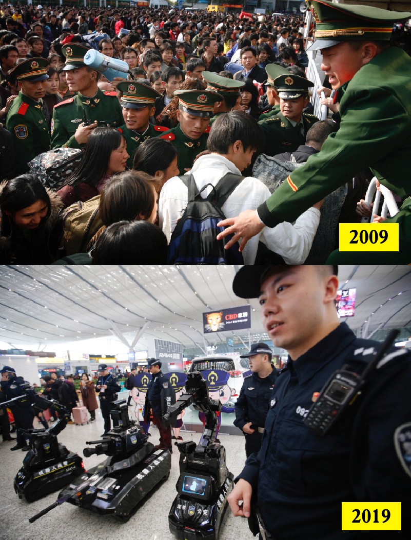 上图：2009年春运，广州火车站执勤武警分流人群，维护秩序。 朱丹阳 摄    下图：2019年春运，深圳北站机器人战警上岗守护。南方日报记者 鲁力摄