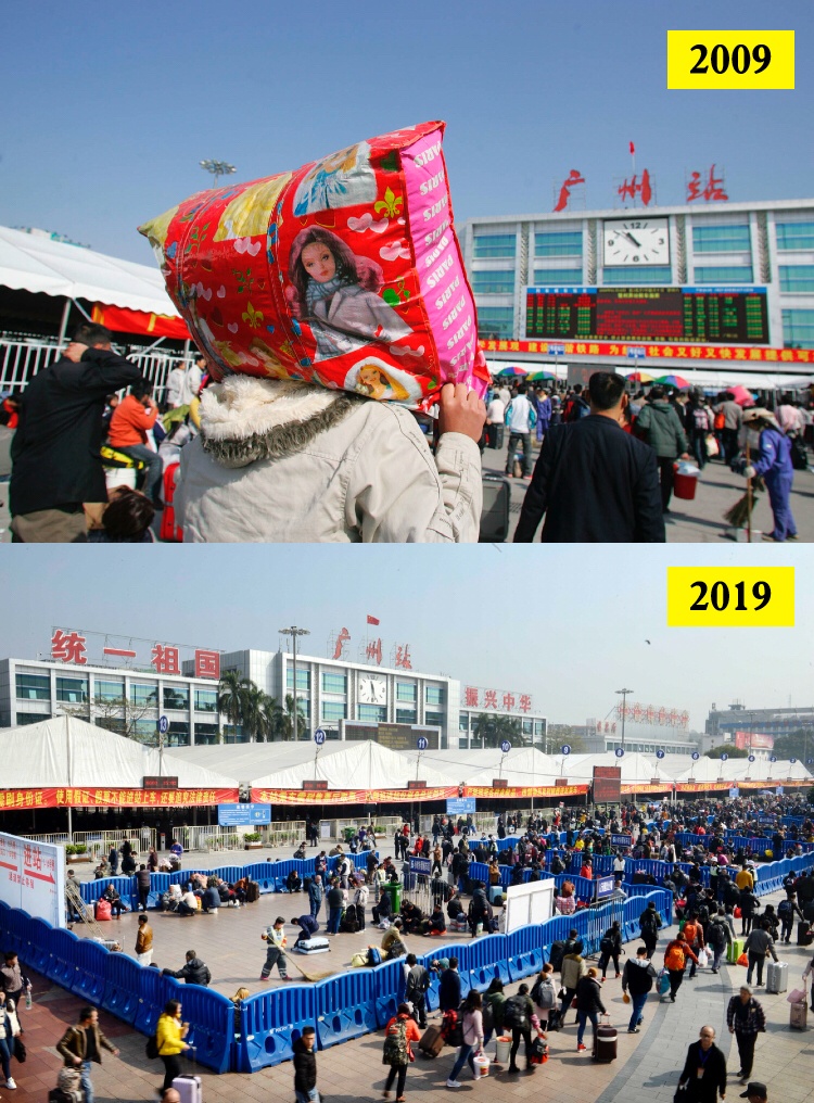 上图：2009年春运，一位旅客肩扛大包在火车站广场上准备进站。秦文纲 朱丹阳摄    下图：2019年春运进入第二天，广州火车站返乡旅客明显增多 。南方日报记者 肖雄 摄