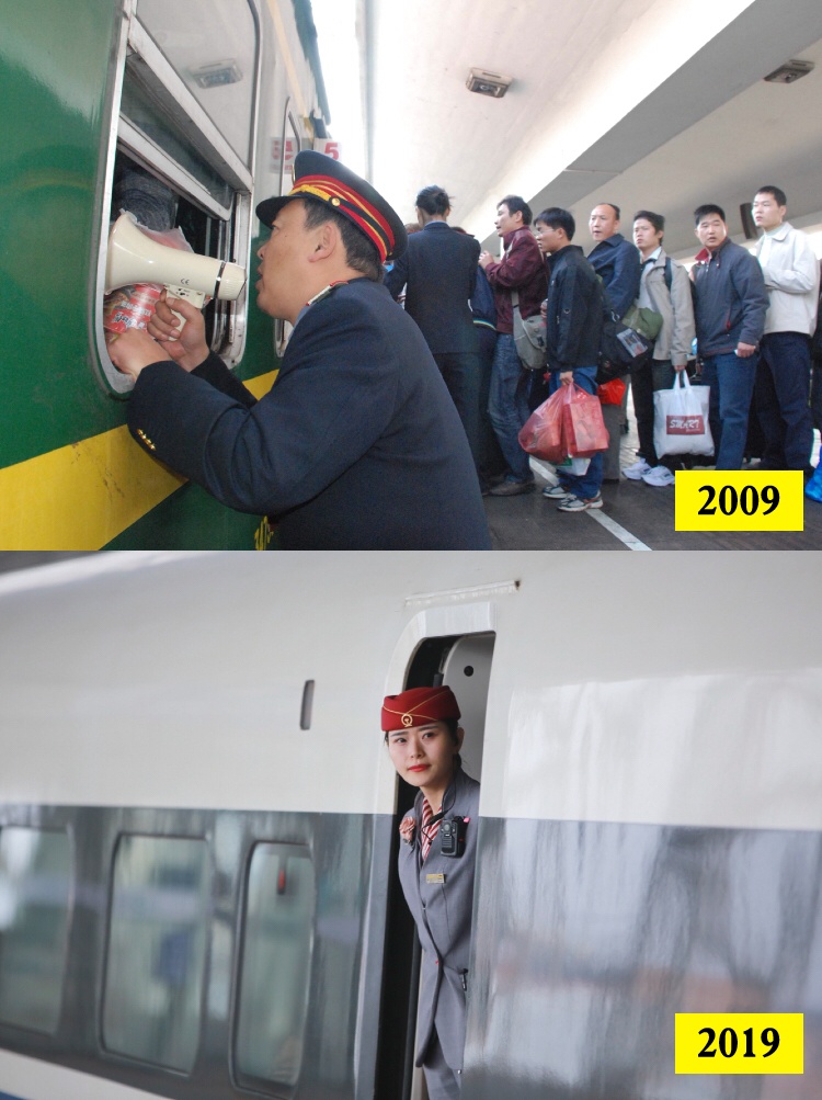 上图：2009年1月19日，深圳西火车站客流急剧上升，一名站务员用喇叭指挥车厢旅客有序乘车。丁玎 摄    下图：2019年1月21日，虎门高铁站，乘务员正在确认站台上是否还有乘客未上车。南方日报记者 孙俊杰 摄