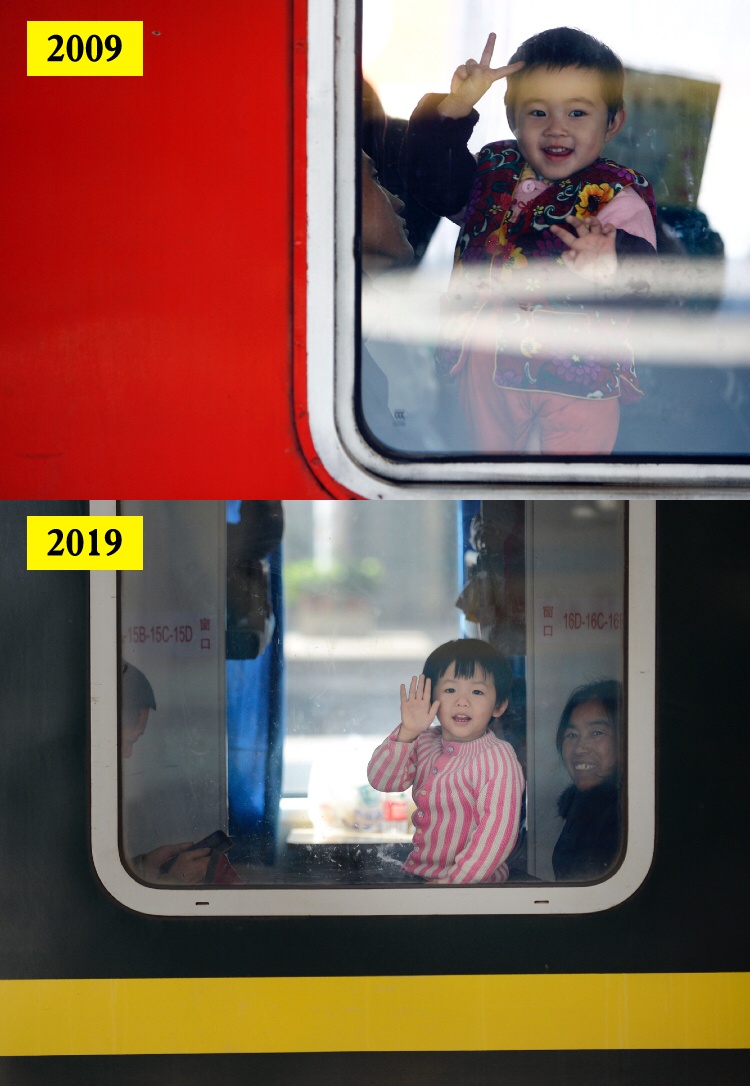 上图：2009年春运回家，小朋友兴奋的作出胜利的手势。 王亮摄    下图：2019年春运，广州火车站即将启动的列车上，一小女孩向记者挥手再见。  南方日报记者 肖雄 摄
