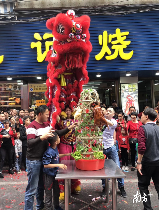 大沥盐步名威龙狮团春节前后在盐步一家烧腊店门前演出。 大沥盐步名威龙狮团春节前后在盐步一家烧腊店门前演出。