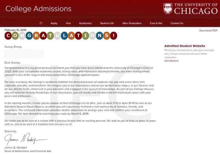 张轩溢日前收到芝加哥大学的录取通知