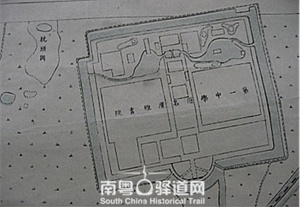图为截取的1923年出版的广州地图局部，上面注明第一中学原名为“广雅学堂”。