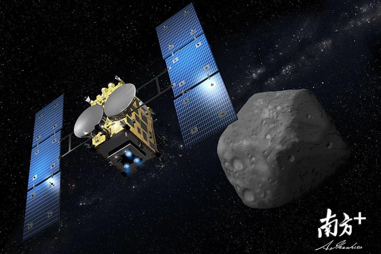 “隼鸟2号”概念图，探测器头顶的两个天线，左边的是Ka波段（32.0GHz），右边的是X波段（8.4GHz）。