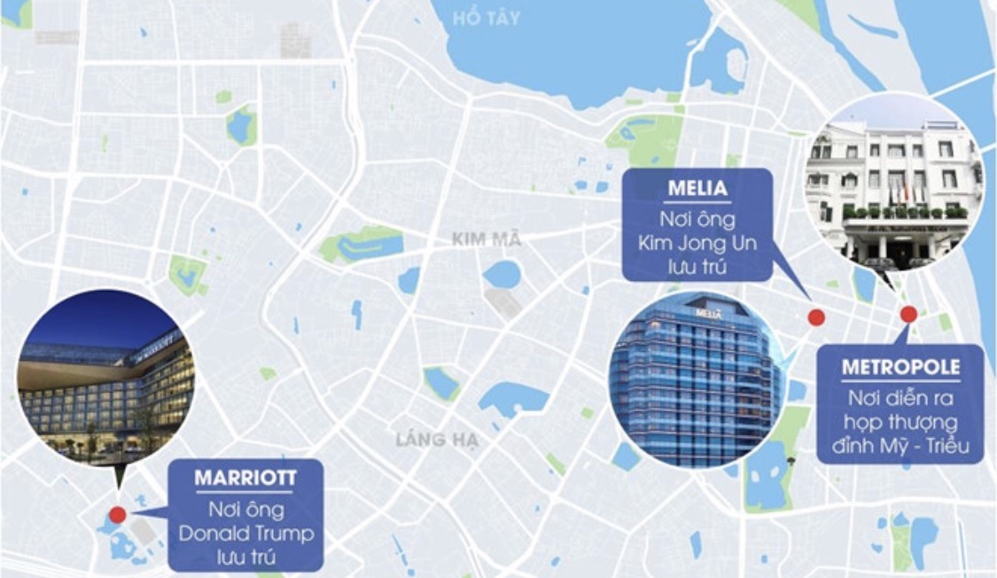 本次会面，特朗普住在最左边的万豪酒店，金正恩住在中间的美里亚酒店，两人会面选在最右边的大都会酒店。