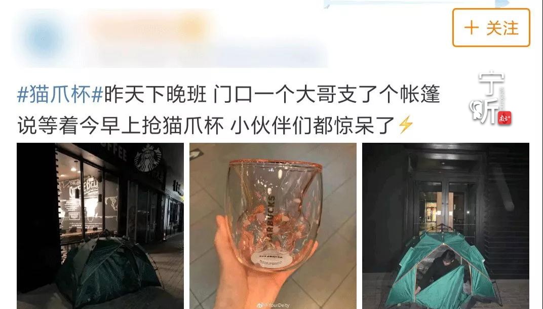 微博截图，网友拍到有人支帐篷排队买杯子。
