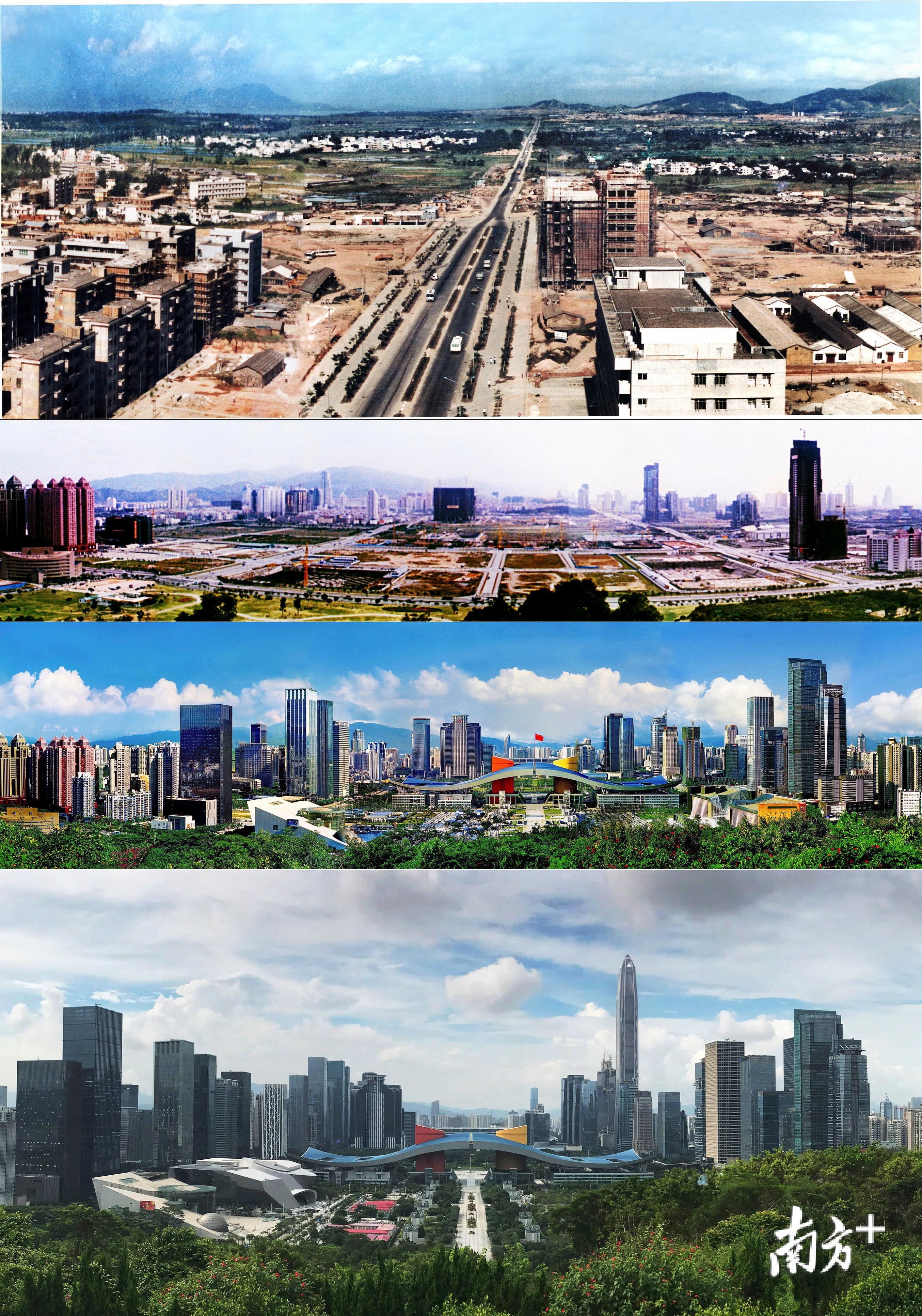 上面4张图，分别是上世纪80年代深圳中心城区、2001年中心城区、2008年中心城区、2019年中心城区。40年，深圳发生了翻天覆地的变化。鲁力 摄（翻拍）