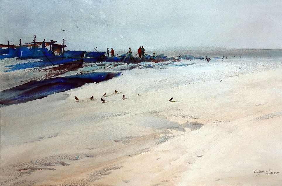 殷俊 《斯里兰卡-鱼市之晨》47cmx73cm  水彩画 2018