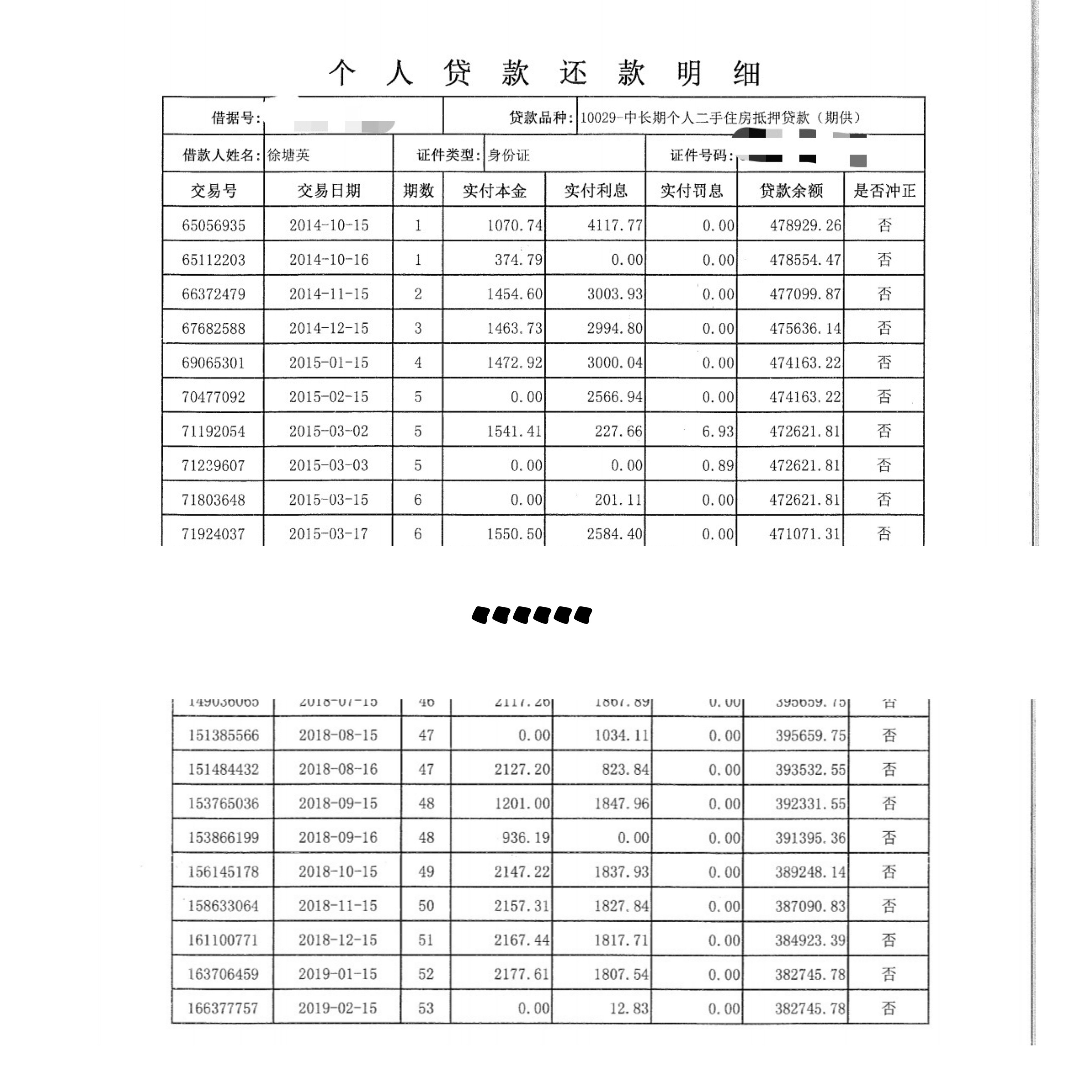徐女士向记者出示了个人贷款还款明细，记者注意到，从2014年10月15日第一