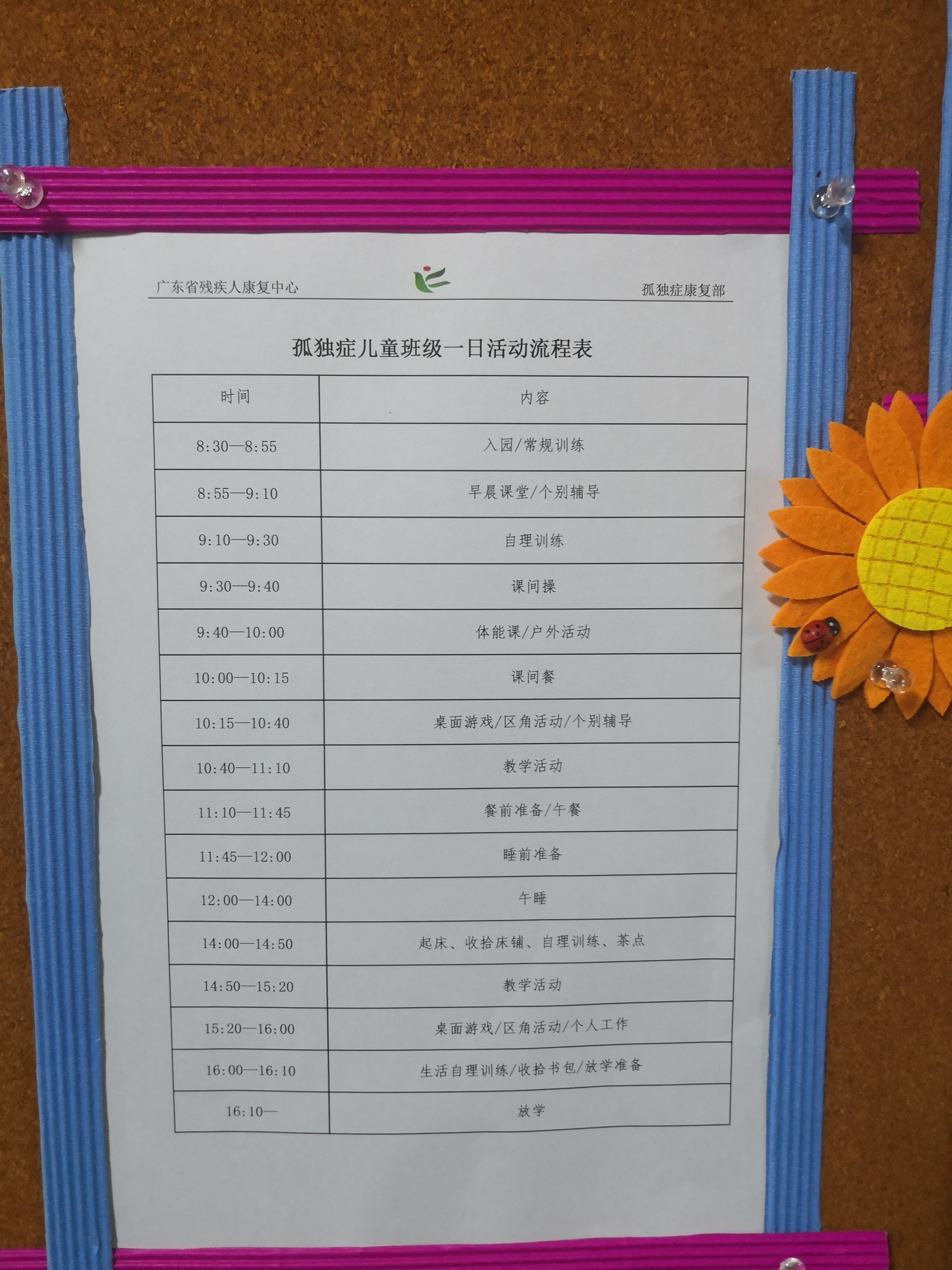 孤独症儿童班级一日活动列表