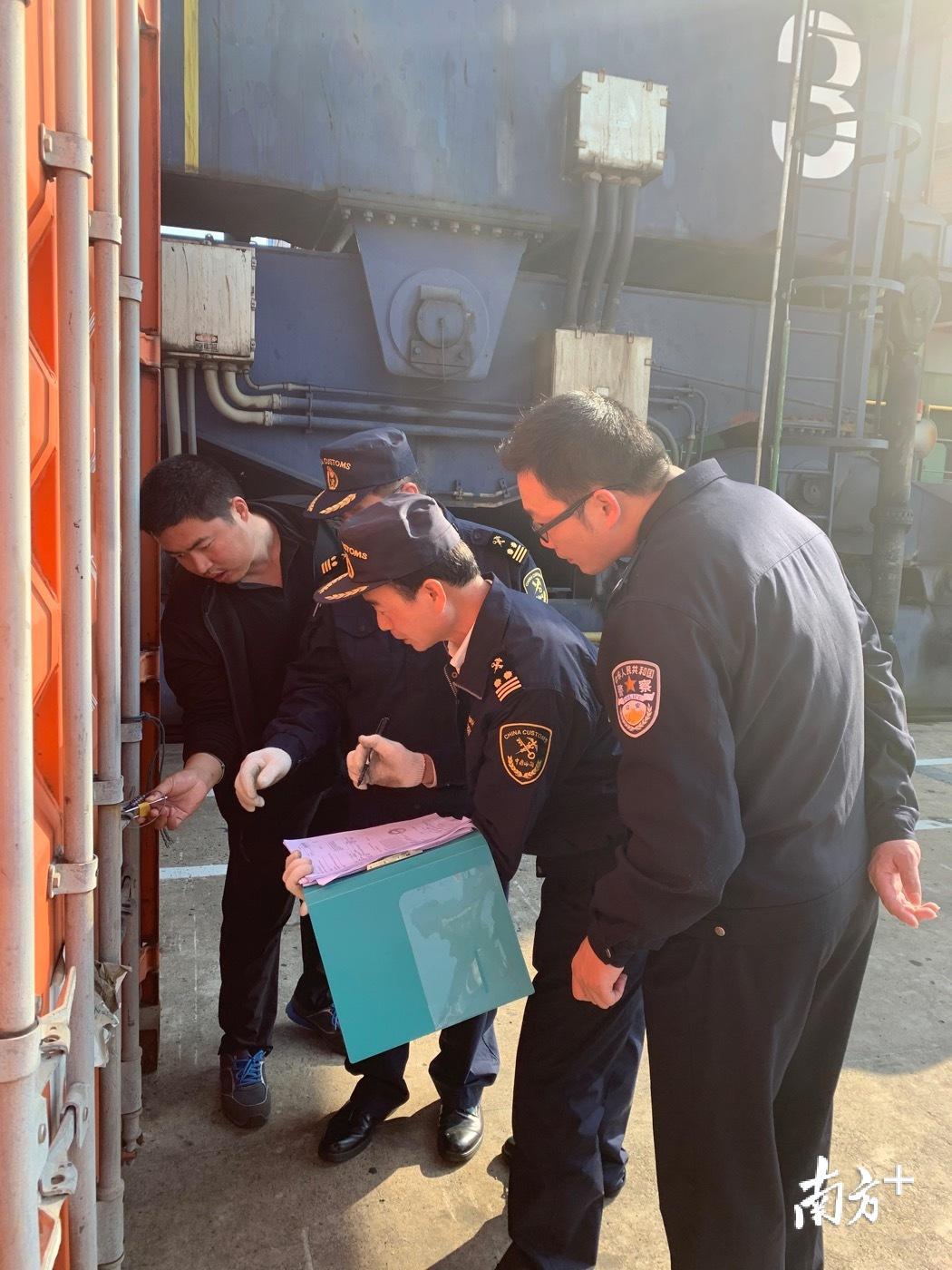 海关关员和缉私民警在退运货物装船前对集装箱柜号和封志进行核对。