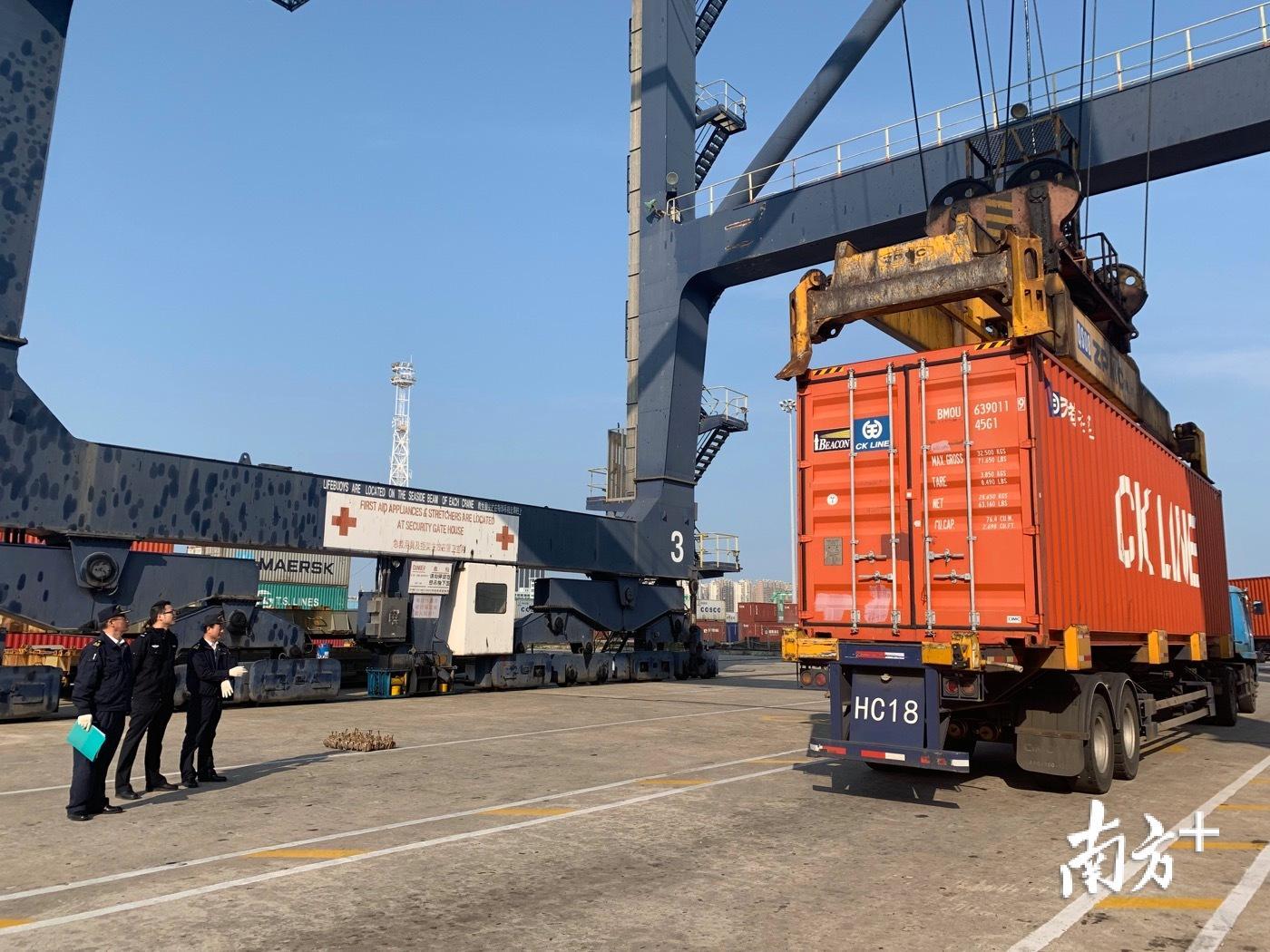 海关关员和缉私民警在退运货物装船前对集装箱柜号和封志进行核对。