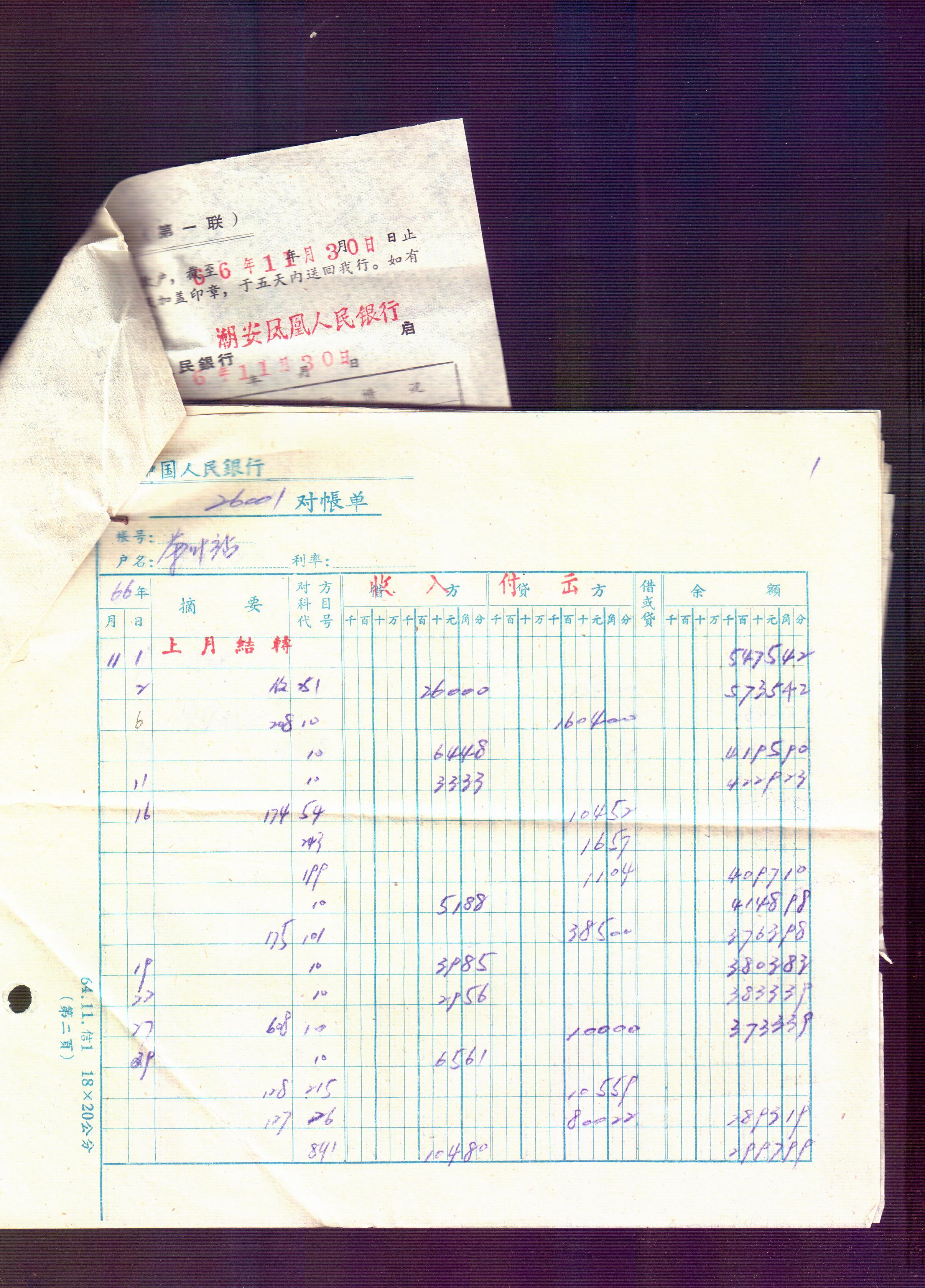 图为1966年的潮安茶叶收购站对账单