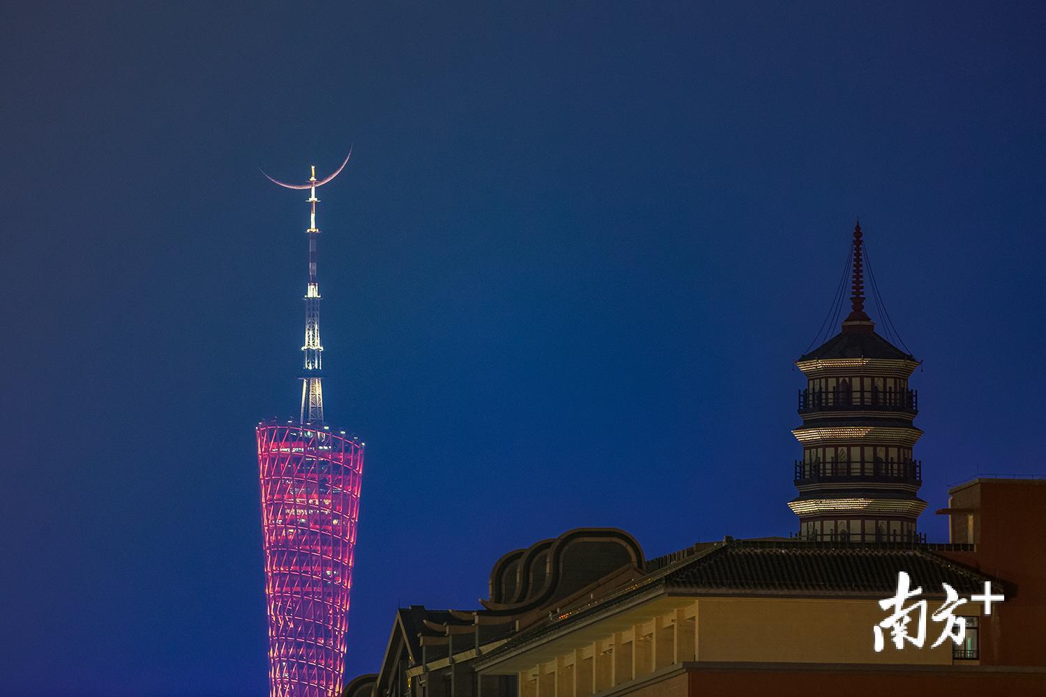 4月7日傍晚时分,一弯新月正好落在广州塔塔尖上.
