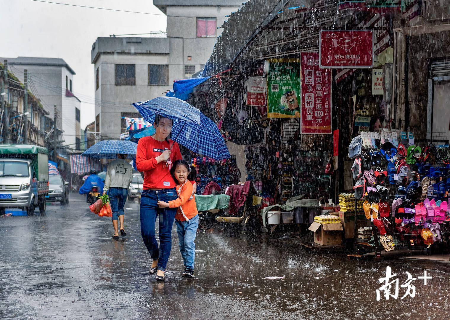 在順德區龍江鎮忠臣直街上,滂沱大雨中母女倆打著雨傘冒雨前行.