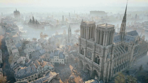 《刺客信条》系列著名的“鹰眼视角”下的巴黎圣母院。