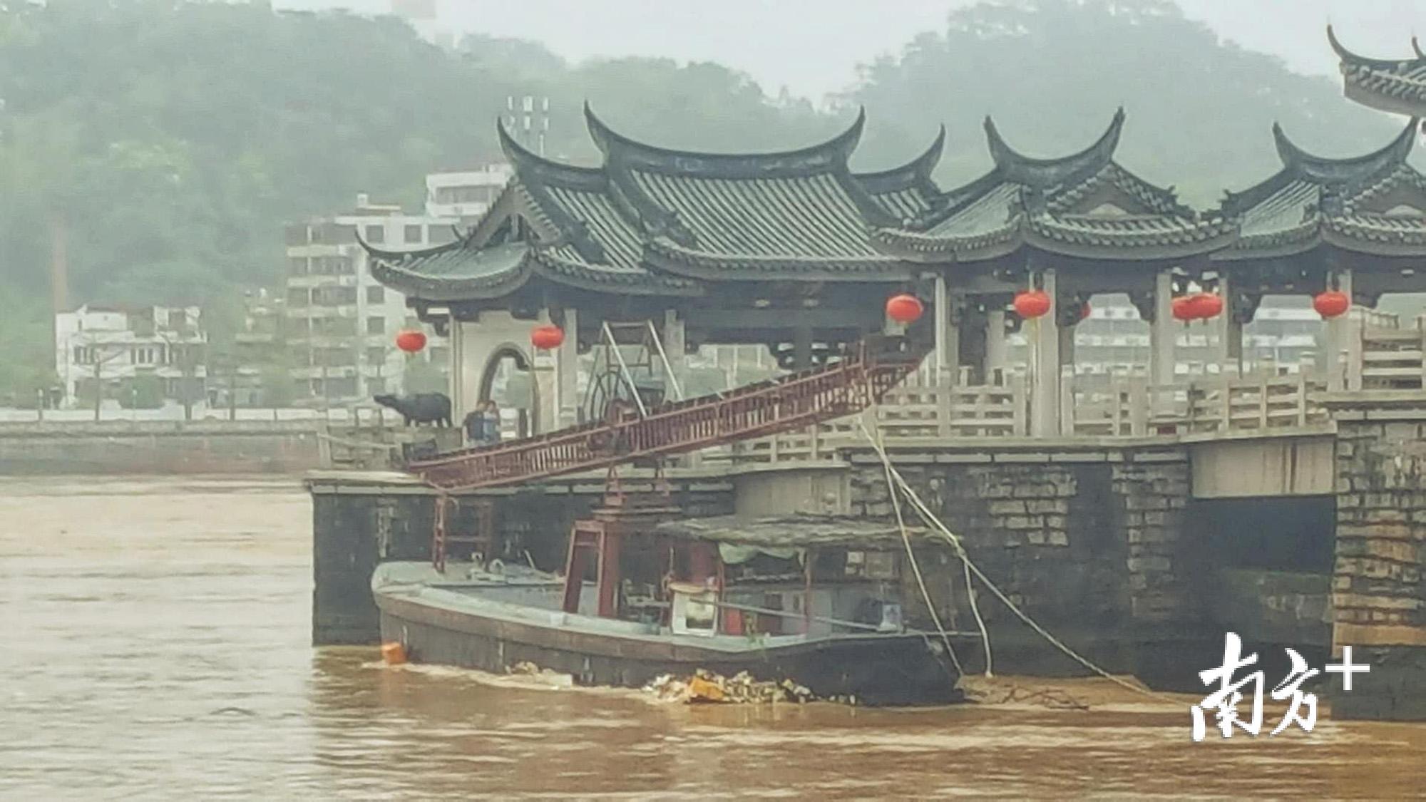 图为肇事船只撞上广济桥。 南方+拍客 “庄家”摄