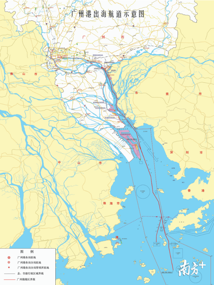 广州港出海航道示意图。