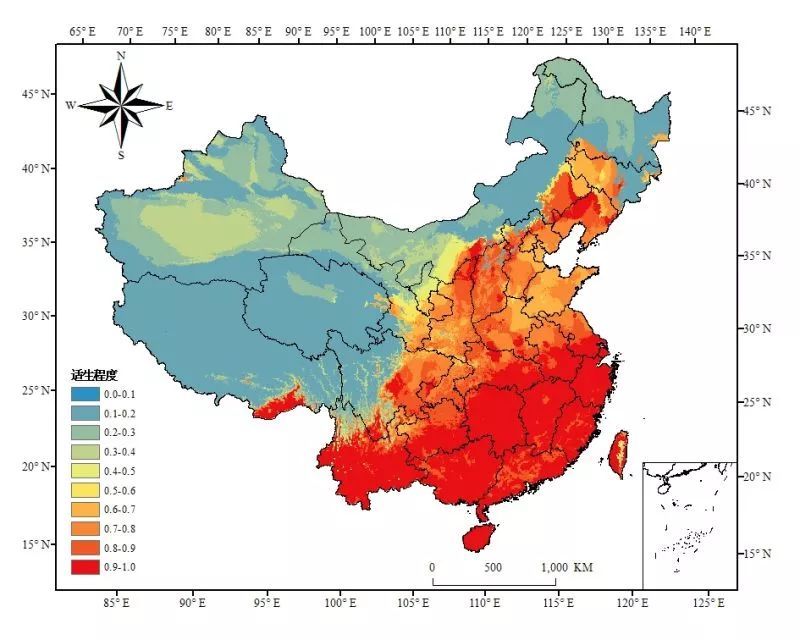 草地贪夜蛾适生图(图片来源：齐国君，转载请与原作者取得联系）