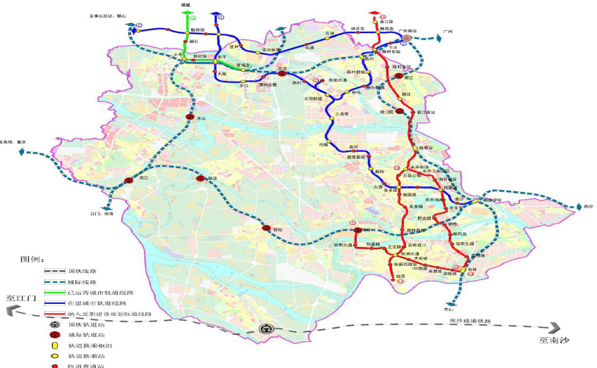 顺德区运营、在建及纳入近期建设规划轨道交通线网示意图。