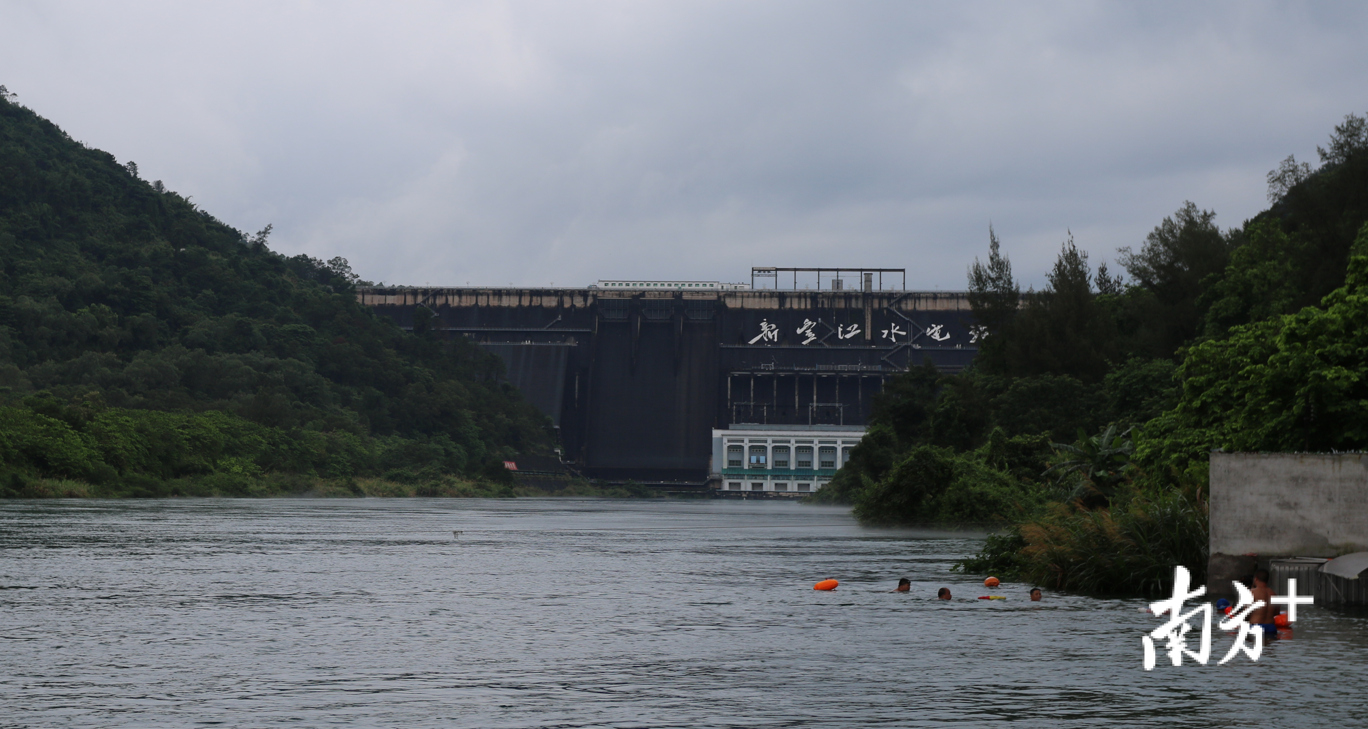 爱好野泳的勇士风雨无阻，顶着最大的水流下河畅游。