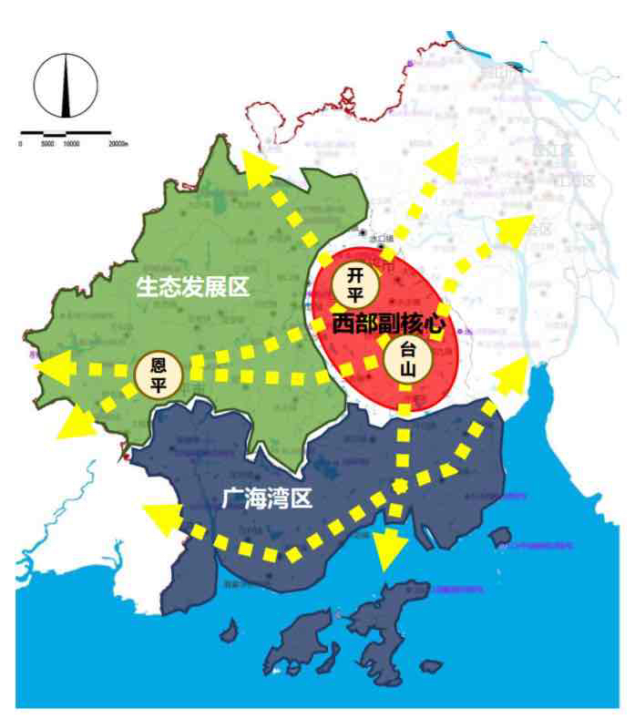 江门市西部发展区空间布局图。 江门市西部发展区空间布局图。