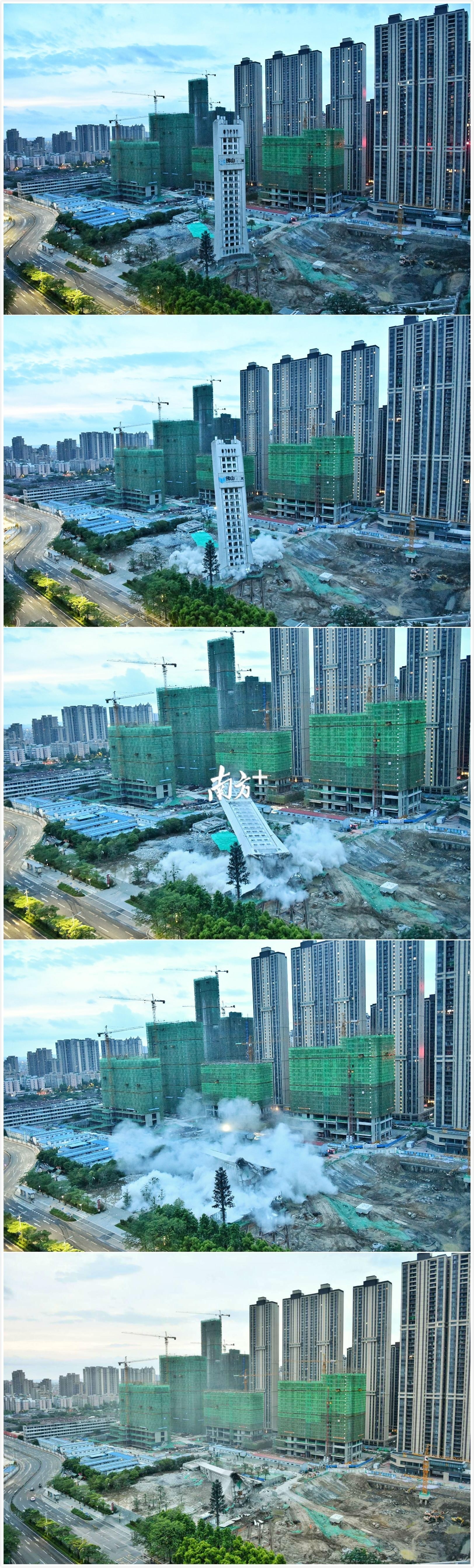 短短10秒钟,这个在季华路边屹立了27年的老地标被夷为平地。南方+记者 戴嘉信 摄 短短10秒钟,这个在季华路边屹立了27年的老地标被夷为平地。南方+记者 戴嘉信 摄